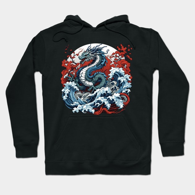 Dragon against the backdrop of a setting sun bathed in ocean waves Hoodie by T-Shirt Paradise